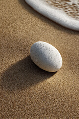 smooth white stone rests gently on soft sunkissed beach sand glistening under bright sun