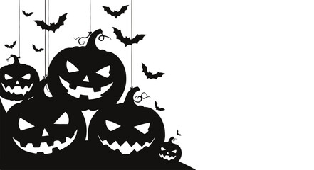 A spooky halloween scene with black pumpkins and bats isolated on white background, creating a festive and eerie atmosphere for the holiday season