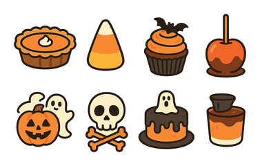 Colorful halloween icons: pumpkin, candy, cupcake, and spooky ghost designs