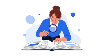 Woman Carefully Examines Information in a Book Using a Magnifying Glass Close Up
