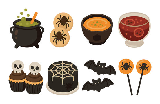 Spooky halloween-themed food and drink items with cauldron, spiders, and bats