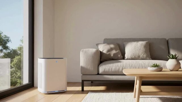 Modern air purifier enhancing a serene living room with natural light and cozy furnishings.