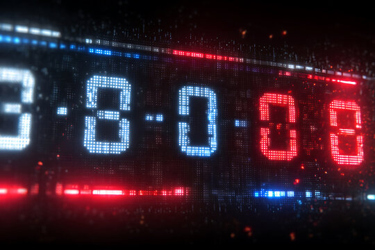 Digital Scoreboard Display with Luminous Red and Blue Numbers on a Dark Background - Powered by Adobe