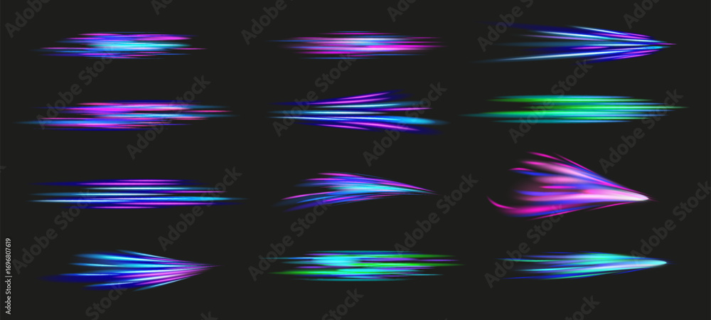 Poster abstract neon speed lines. glowing neon light streak motion effect, futuristic glowing lines and fas