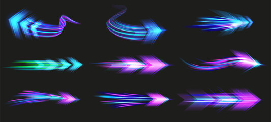 Light speed arrows. Futuristic glowing arrow streaks with high speed motion blur effect, fast pointers and dynamic direction beam with neon glow effect vector set.
