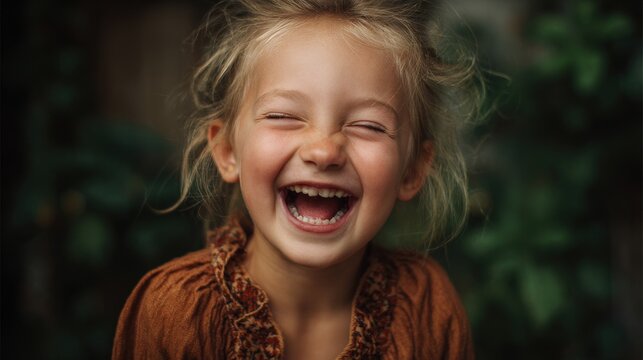 natural light portrait of a young girl with missing front teeth laughing with eyes closed, backyard garden background, saturated colors, real childhood joy