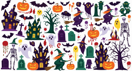 A spooky halloween vector art featuring haunted houses, pumpkins, bats, witches, ghosts, skeletons, and tombstones, creating a festive and eerie atmosphere