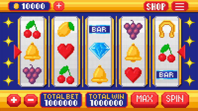 Pixel art slot machine interface. Retro 8 bit slot reels with cherries, bells, hearts, grapes, bar, diamond and horseshoe symbols. Pixelated casino game screen UI, arcade gambling vector illustration.