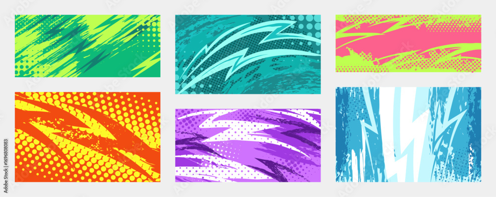 Poster grunge thunderbolt backgrounds. lightning strikes with halftone textures and dynamic brush strokes. 