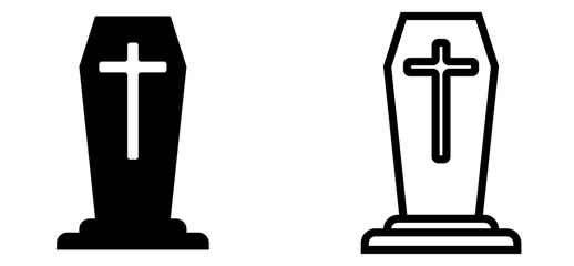 Set of coffin icons with Christian cross symbol in solid and outline style, vector illustration representing funeral, death, cemetery, and religious burial traditions.