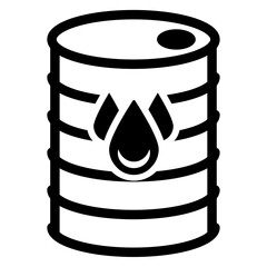 Black vector icon of an oil barrel with a droplet symbol in the center, representing petroleum, fuel storage, crude oil industry, and energy resources.