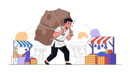 Man Burdened at Marketplace: Depicting the strain and toil, a man trudges through a bustling marketplace, burdened by a heavy sack, as he navigates through colorful stalls