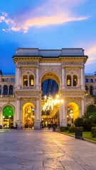 Obraz premium Majestic archway entrance of a European shopping arcade at twilight, showcasing ornate architecture and warm evening lighting.