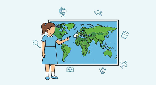 Young Girl Explores World Map in Classroom Setting Focusing on Education and Global Understanding