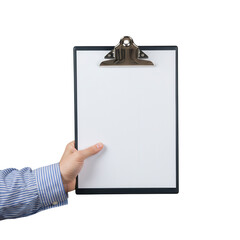 Hand holding a blank clipboard with white paper and a metal clip isolated on transparent background