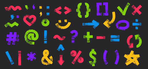 Hand drawn punctuation signs. Typography marks with grunge rough crayon texture, paint brush stroke painted characters and distressed doodle scribbled arrows vector set.