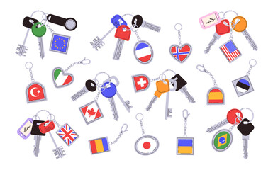 Flag keychains. Key bundles with keyring accessories and framed country and regional flags charms. Patriotic souvenir keychains isolated vector illustration set.