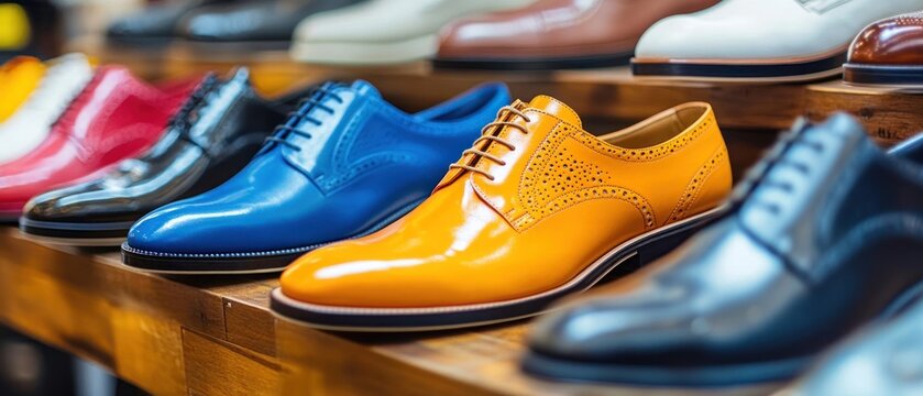 Variety of colorful mens leather shoes in retail display