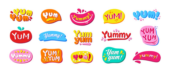 Yummy emblems. Yum Yum icons, delicious snack stickers and tasty food labels. Colorful badges with yummy lettering for cafe menu or restaurant promotion vector set.
