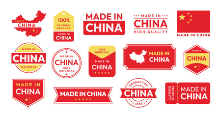 Made in China labels. Product origin badges with China map and flag icons. Chinese export product stamps for packaging branding design, product of China emblem vector set.