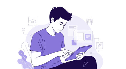 Young Man Using a Tablet for Education and Communication in Modern Vector Style