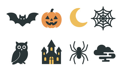 Halloween icons: pumpkin, bat, moon, spider, web, owl, haunted house, cloud