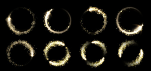 Sparkling magic circle. Glowing light rings with glittering star dust trail and bokeh halo particles. Golden spiral frames, shiny swirl lines with magical stardust glitter isolated vector set.