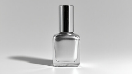 Sleek metallic silver bottle stands elegantly against high key background, showcasing its reflective surface and modern design. This high fidelity image captures essence of contemporary beauty
