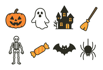 Obraz premium Halloween icons set with pumpkin, ghost, haunted house, and more on dark background
