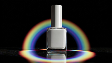 Minimalistic white nail polish bottle stands against dark background, illuminated by colorful circular prism effect that creates vibrant rainbow. sleek design and reflective surface enhance its