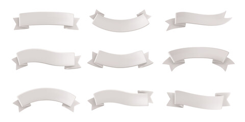 Obraz na płótnie Canvas Curved ribbon 3D banner. Blank waving label, retro text frame for emblem, badge or title tag designs. Realistic white fabric scroll ribbons, isolated decoration templates vector set.