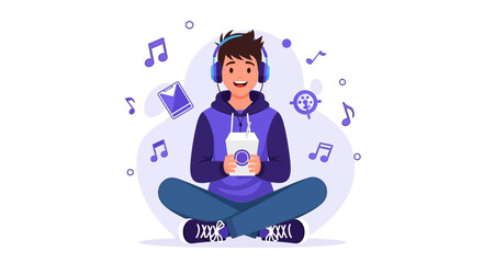 Young Person Enjoying Music Through Headphones with Symbolic Music Notes and Smartphone Icons