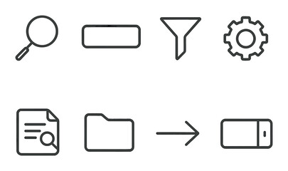 Monochrome user interface icons: search, filter, settings, document, folder, transfer