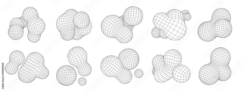 Fototapete blob 3d wireframe shapes. polygonal organic objects, fluid digital sphere clusters mesh forms and fu