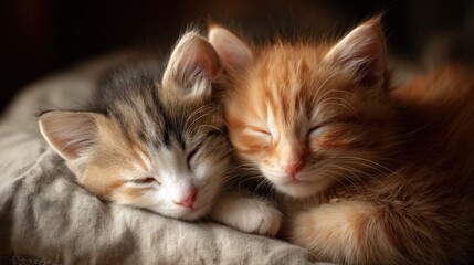 two fluffy kittens cuddling together on a soft pillow, indoor warm lighting, ultra-cute