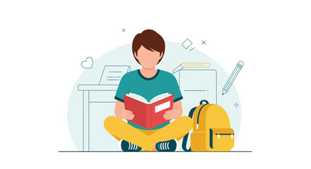 Young Person Reading a Book with School Accessories and Cute Illustrations Style