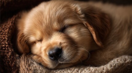 ultra-realistic close-up of a fluffy golden retriever puppy sleeping on a cozy blanket, soft natural light