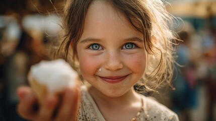 ultra-realistic close-up of a joyful child with ice cream melting down their hand, vibrant summer colors, outdoor park, genuine smile, cinematic lighting