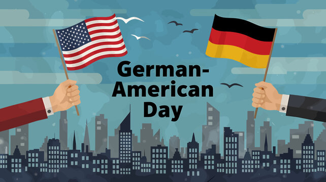 Vector art of germanamerican day celebration with us and german flags waving over city skyline
