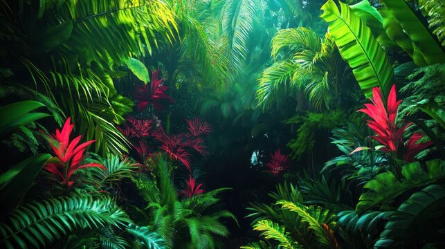 Lush tropical vegetation creates an immersive and breathtaking forest scene - Powered by Adobe