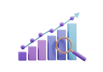 3d bar chart with upward trend line and magnifying glass isolated on transparent background