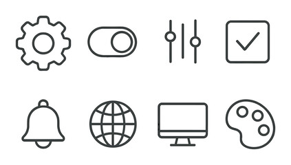 Set of eight gray digital interface icons with gear, toggle, globe, and palette