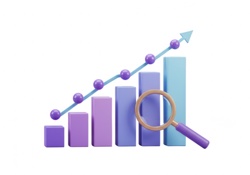 3d bar chart with upward trend line and magnifying glass isolated on transparent background - Powered by Adobe