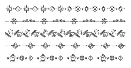 Christmas doodle dividers. Winter holiday borders decorated with snowflakes, candy canes, pine cones, gingerbread man and festive ornaments. Xmas decorative line separator vector set.