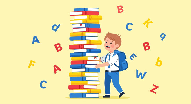 Young Student Carrying Piled Books Alongside Floating Alphabet Symbols Representing Learning