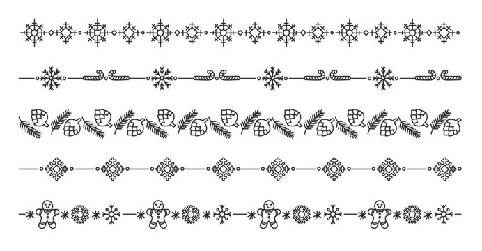 Christmas doodle dividers. Winter holiday borders decorated with snowflakes, candy canes, pine cones, gingerbread man and festive ornaments. Xmas decorative line separator vector set.