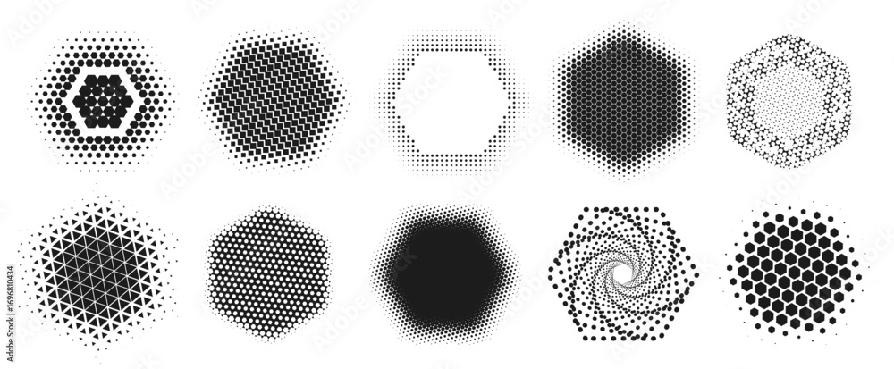 Poster Halftone hexagon shapes. Abstract geometric hexagon dotted patterns with half tone effect, honeycomb texture, spiral design and digital gradient fade structure vector set .