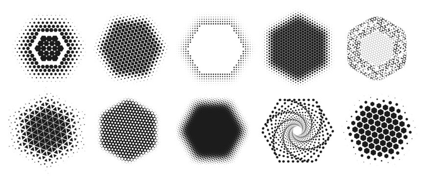 Halftone hexagon shapes. Abstract geometric hexagon dotted patterns with half tone effect, honeycomb texture, spiral design and digital gradient fade structure vector set .