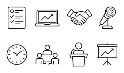 Business icons set: checklist, laptop, handshake, microphone, clock, meeting, speaker, chart