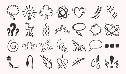 Fototapeta premium Doodle expression signs. Hand drawn emotions and reaction symbols, comic style speech bubbles, thought clouds, signs for love, outrage, delight and confusion. Sketch vector elements set.